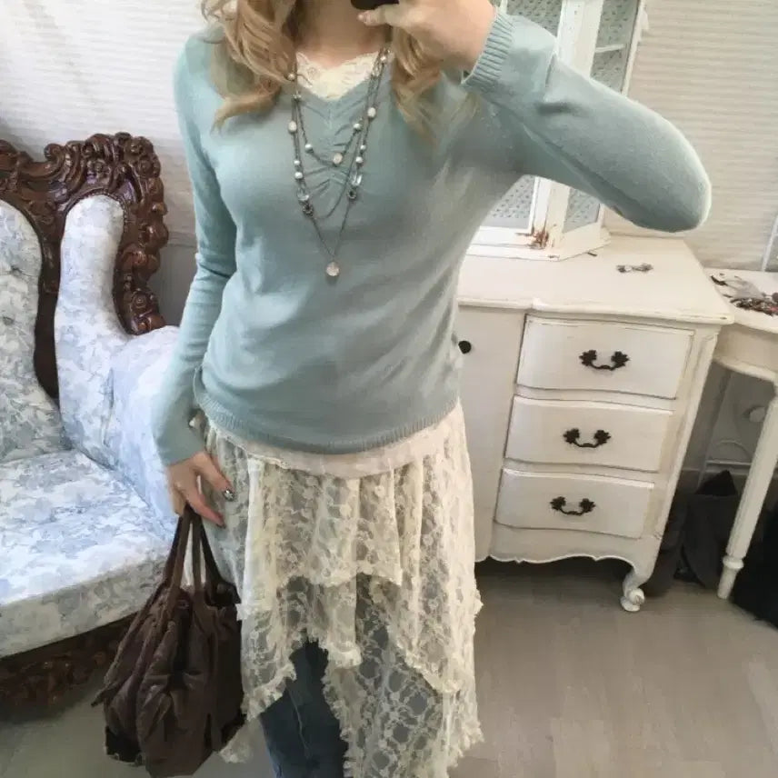 [SOLD OUT] jpn vintage pale mint lace layered knit