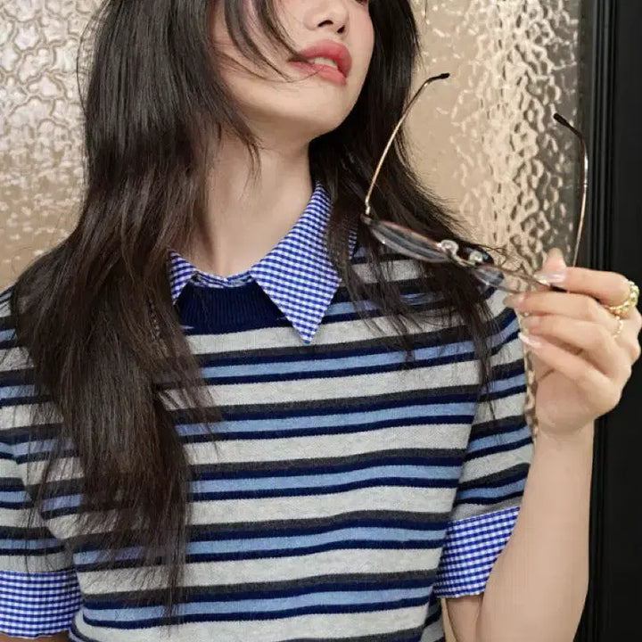 [BUNJANG] KUOSE Stripe Knit Short Sleeve Top / 쿠오세 (KUOSE) 미우 스트라이프 니트 반팔