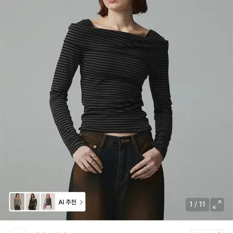[BUNJANG] Kitty Pottery Stripe Off-shoulder Long Sleeve T-shirt / 키티포터리 스트라이프 오프숄더 긴팔티