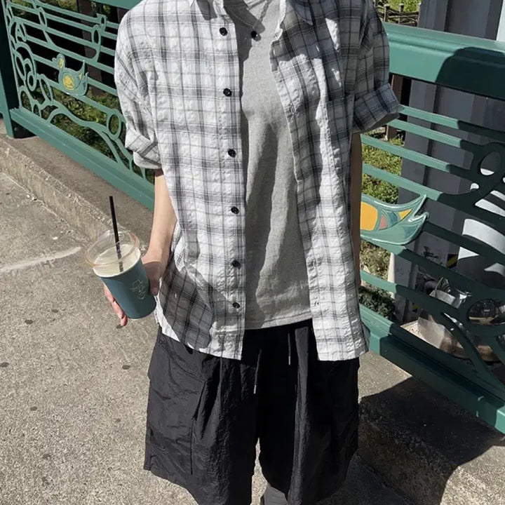 [BUNJANG] Ablie Zigzag Check Short Sleeve Shirt (Ivory) / 에이블리 지그재그 체크 반팔셔츠 아이보리