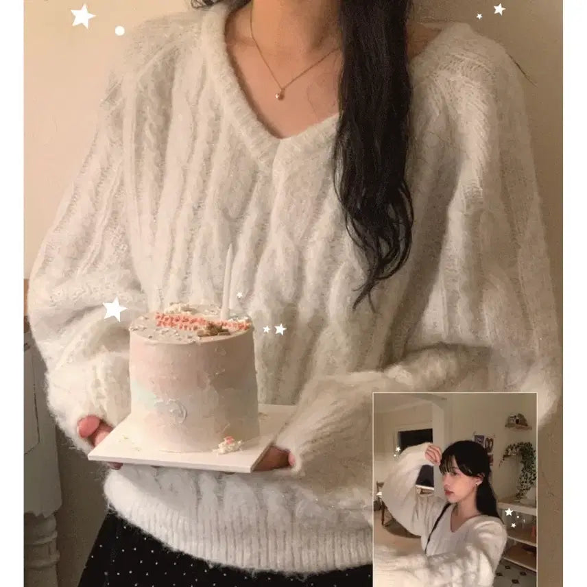 [BUNJANG] Ornament Silver Cable Knit Ivory / 유리에 오너먼트 실버 케이블 니트 아이보리