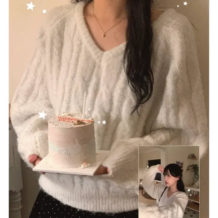 [BUNJANG] Ornament Silver Cable Knit Ivory / 유리에 오너먼트 실버 케이블 니트 아이보리