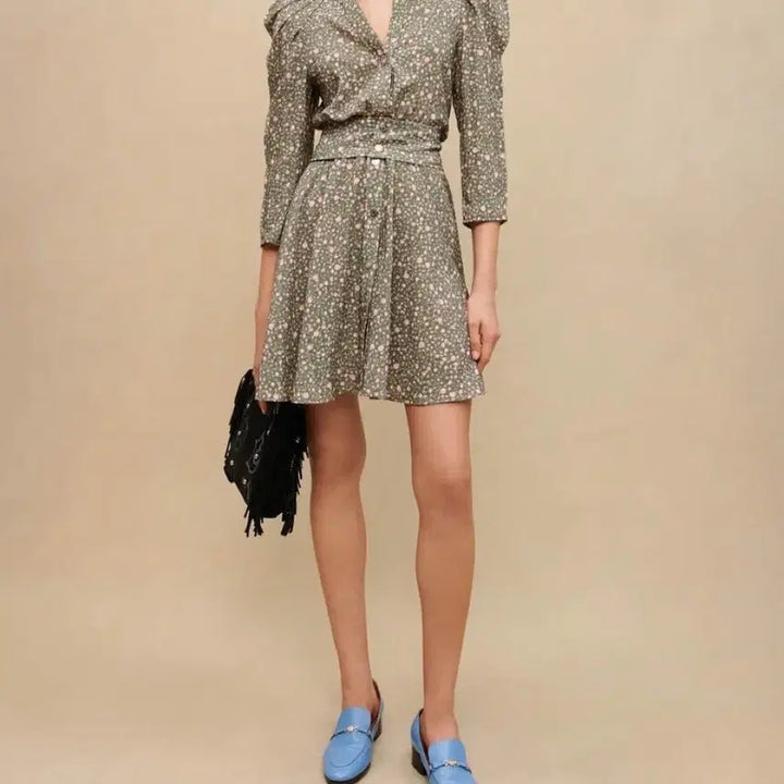 [BUNJANG] Maje Rose Button Mini Dress / Maje 마쥬 볼륨 슬리브 미니 드레스 로즈 버튼