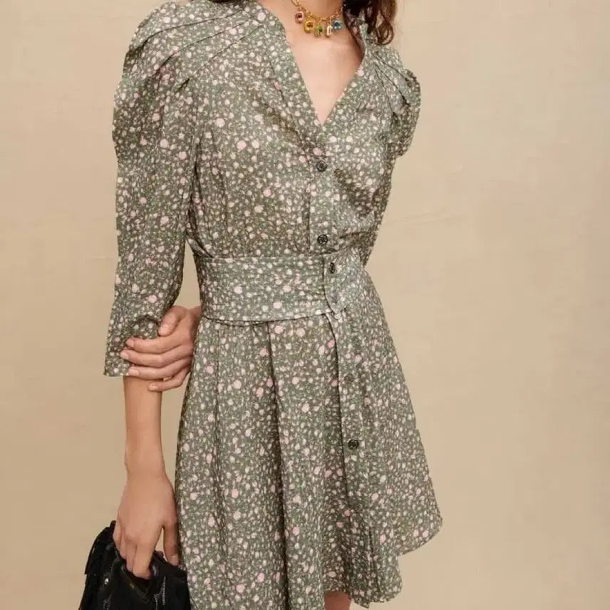 [BUNJANG] Maje Rose Button Mini Dress / Maje 마쥬 볼륨 슬리브 미니 드레스 로즈 버튼