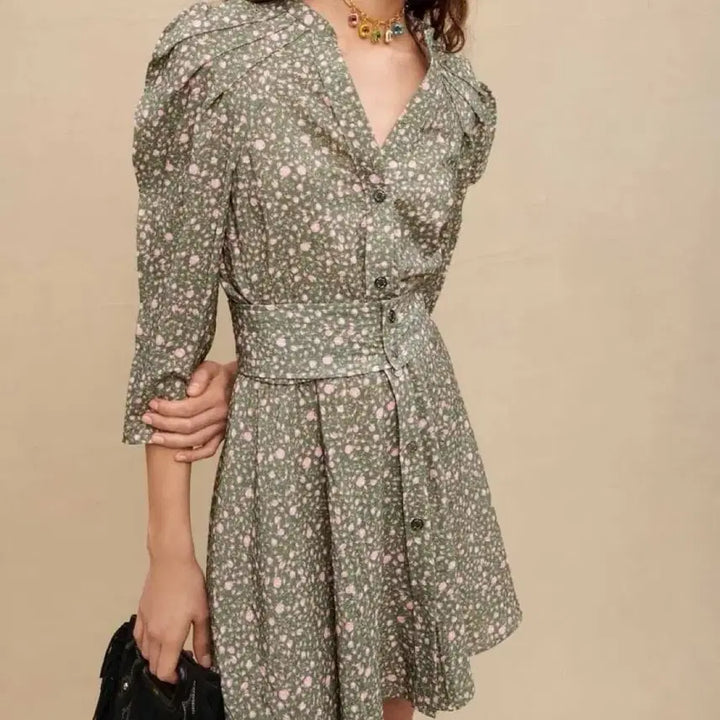 [BUNJANG] Maje Rose Button Mini Dress / Maje 마쥬 볼륨 슬리브 미니 드레스 로즈 버튼