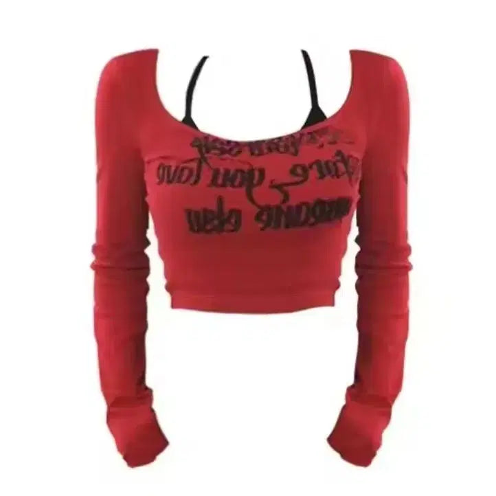 [BUNJANG] Lettering Print Crop Long Sleeve T-shirt Red / 레터링 프린팅 크롭 긴팔 티셔츠 레드