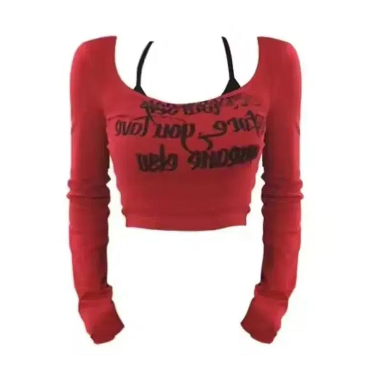 [BUNJANG] Lettering Print Crop Long Sleeve T-shirt Red / 레터링 프린팅 크롭 긴팔 티셔츠 레드