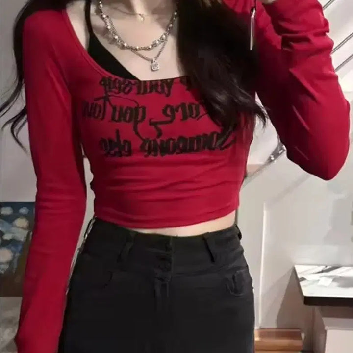 [BUNJANG] Lettering Print Crop Long Sleeve T-shirt Red / 레터링 프린팅 크롭 긴팔 티셔츠 레드