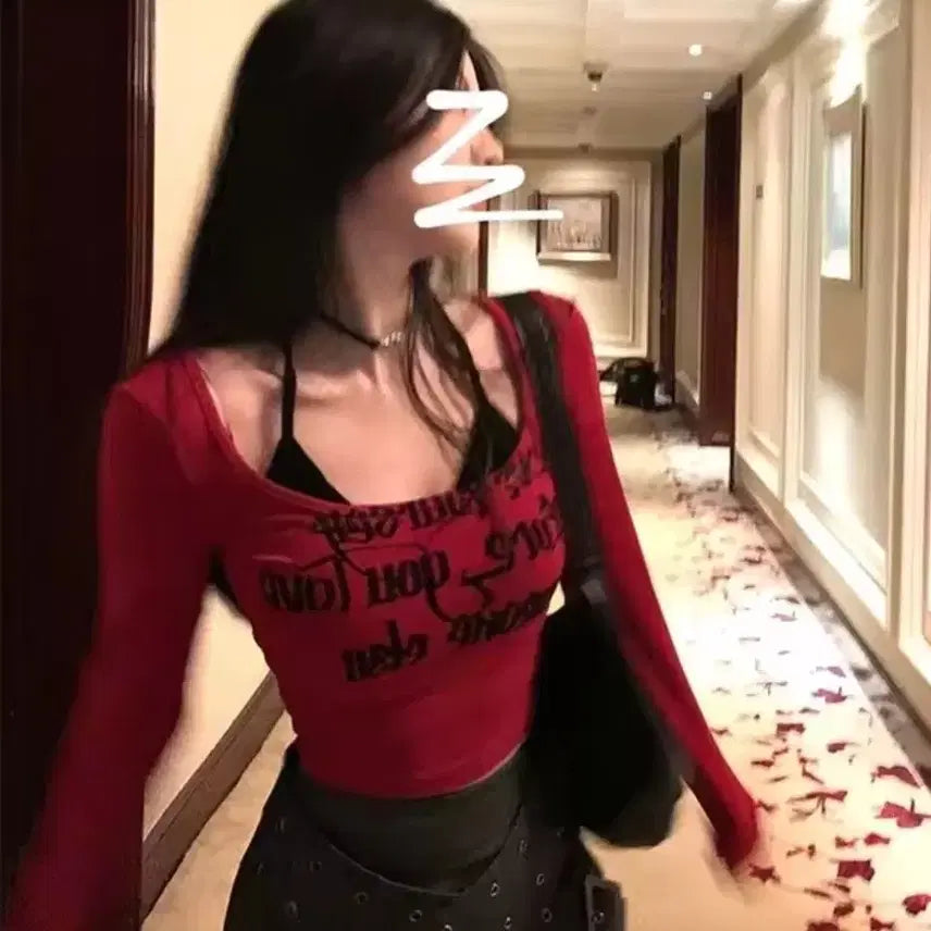 [BUNJANG] Lettering Print Crop Long Sleeve T-shirt Red / 레터링 프린팅 크롭 긴팔 티셔츠 레드