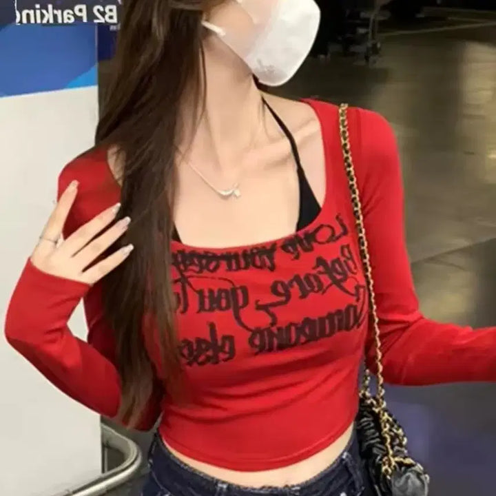 [BUNJANG] Lettering Print Crop Long Sleeve T-shirt Red / 레터링 프린팅 크롭 긴팔 티셔츠 레드