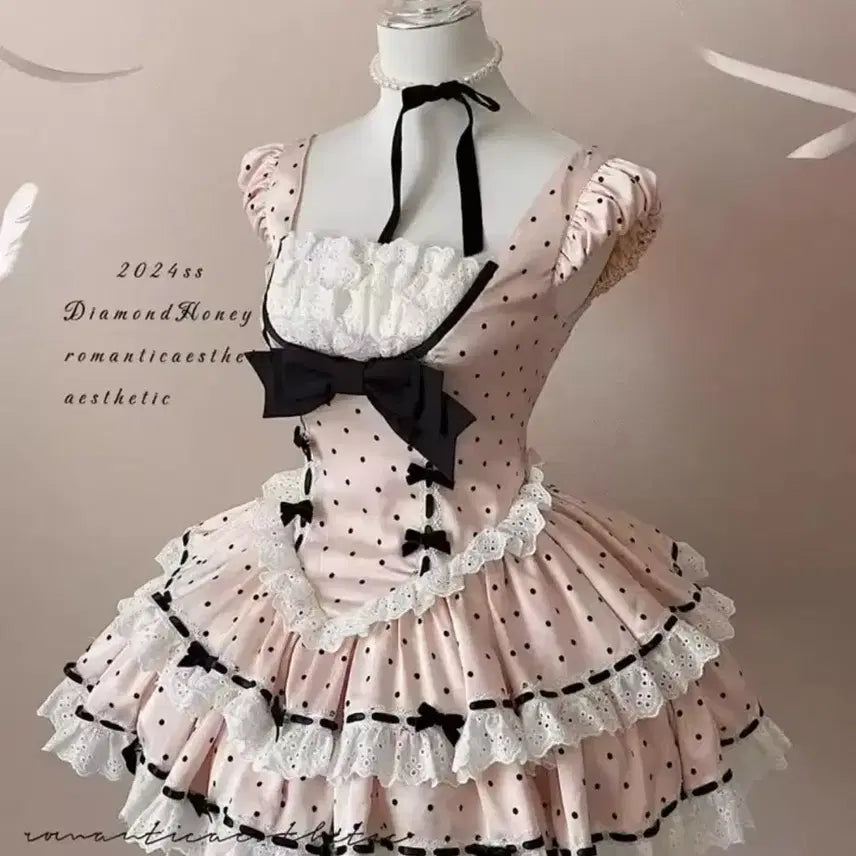 [BUNJANG] Vintage Pink Polka Dot Mini Dress / 로리타 히메갸루 빈티지 핑크 도트 미니 원피스 드레스 파티 촬영 생촬