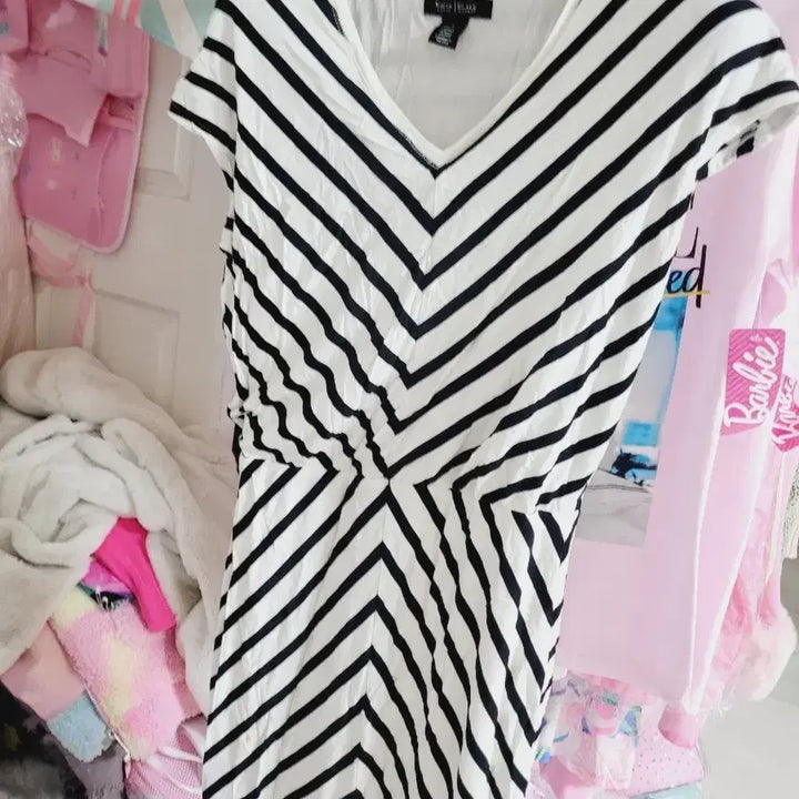 [BUNJANG] White Black Stripe Short Sleeve Dress / 화이트블랙 스트라이프 반팔 원피스