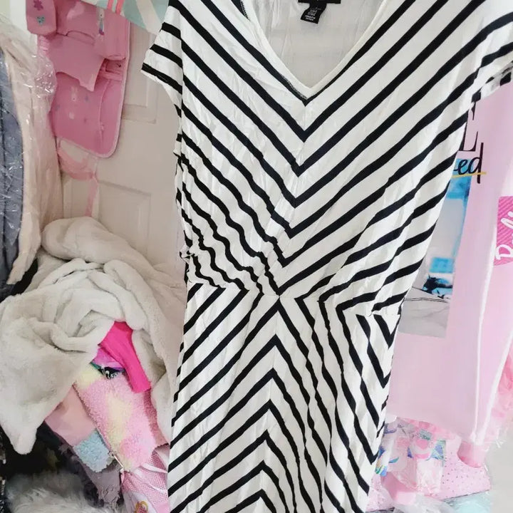 [BUNJANG] White Black Stripe Short Sleeve Dress / 화이트블랙 스트라이프 반팔 원피스