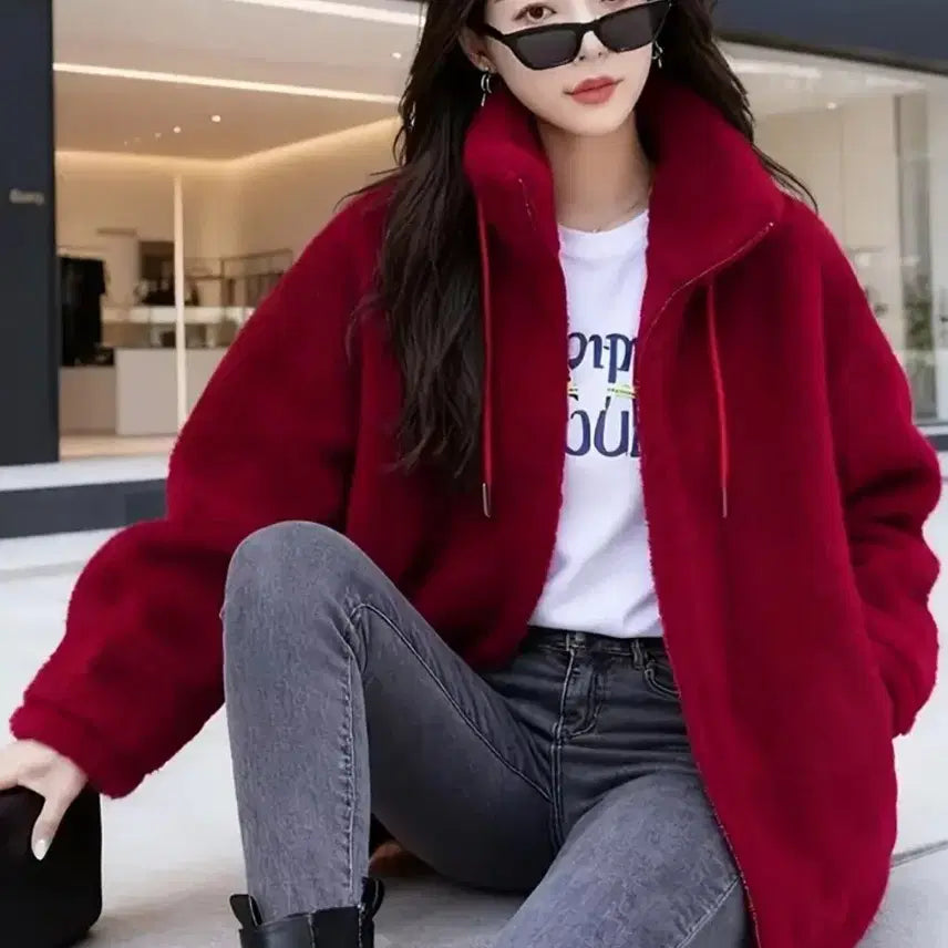 [BUNJANG] Red Sherpa Jacket (Size 55) / 여성용 붉은색 뽀글이 자켓 [새상품]55