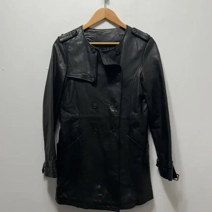 [BUNJANG] Black Leather Trench Coat - M / 블랙 가죽 트렌치 코트 M
