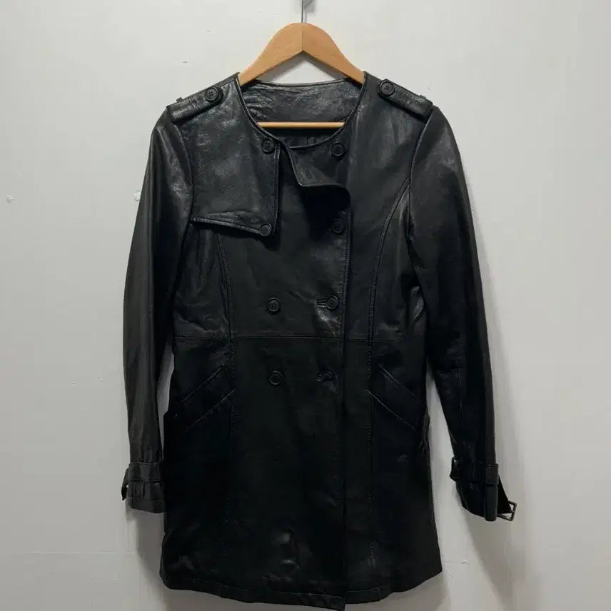 [BUNJANG] Black Leather Trench Coat - M / 블랙 가죽 트렌치 코트 M