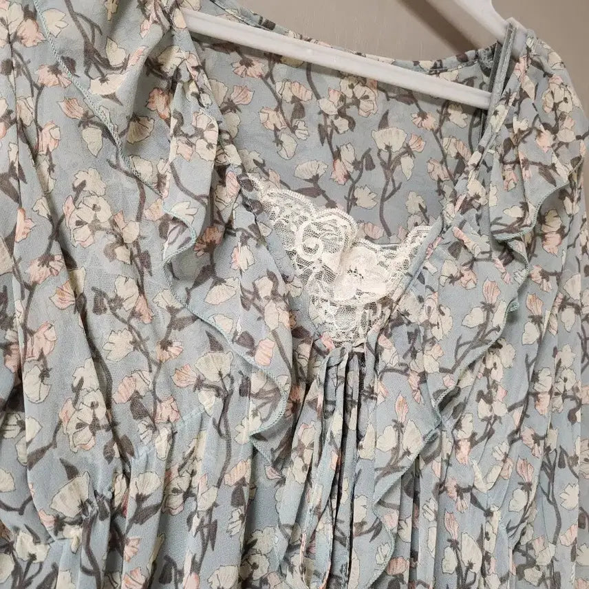 [BUNJANG] Flower Chiffon Long Dress (Sky Blue) / 플라워 쉬폰 롱 원피스 하늘색