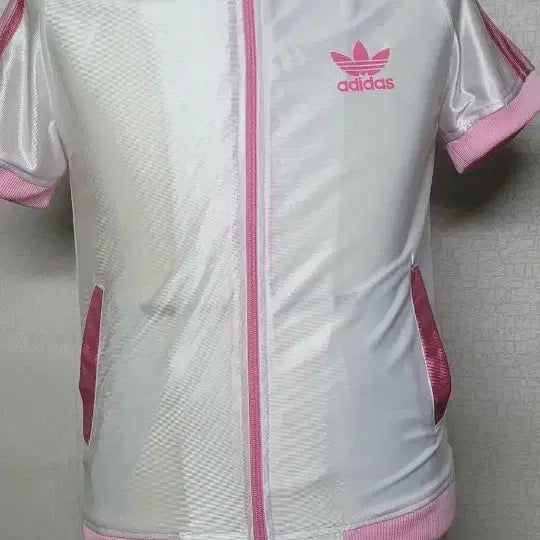 [BUNJANG] Adidas White Pink Short Sleeve Hoodie Zip-up (Size M) / 아디다스 화이트 핑크 반팔 후드 집업 M