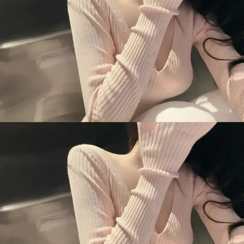 [BUNJANG] None Slim V-Neck Off-Shoulder Knit Top / [새상품] 에겐니트 슬림 여리 브이넥 골지 오프숄더