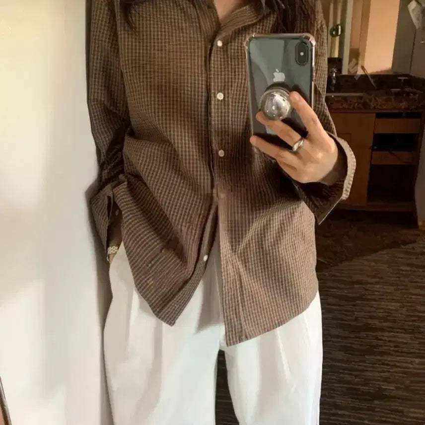 [BUNJANG] Women's Tartan Mini Check Loose Fit Inner Layered Long Sleeve Shirt Blouse / 여성 잔 타탄 작은 미니 체크 루즈핏 이너 레이어드 긴발 셔츠 남방