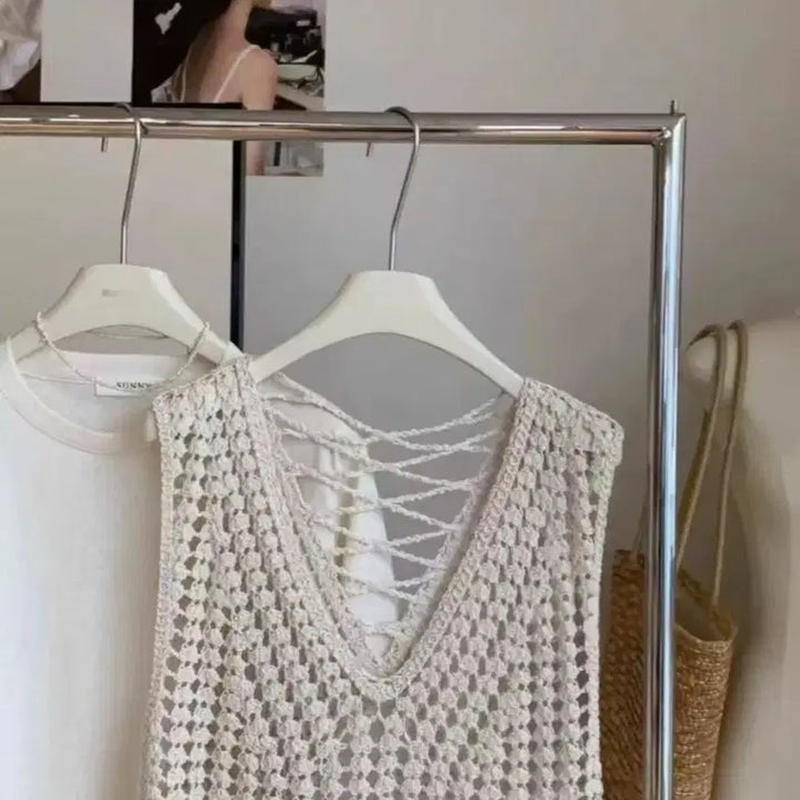 [BUNJANG] Knitted Vest Top / 여성 꼬임 뜨개 그물 레이스 루즈핏 비치웨어 레이어드 니트 조끼 베스트