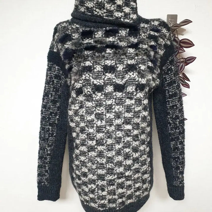 [BUNJANG] System Rabbit Fur Mohair Turtleneck Knit 66 Gray Check / 한섬 시스템 래빗퍼 모헤어 터틀넥니트 66 그레이체크