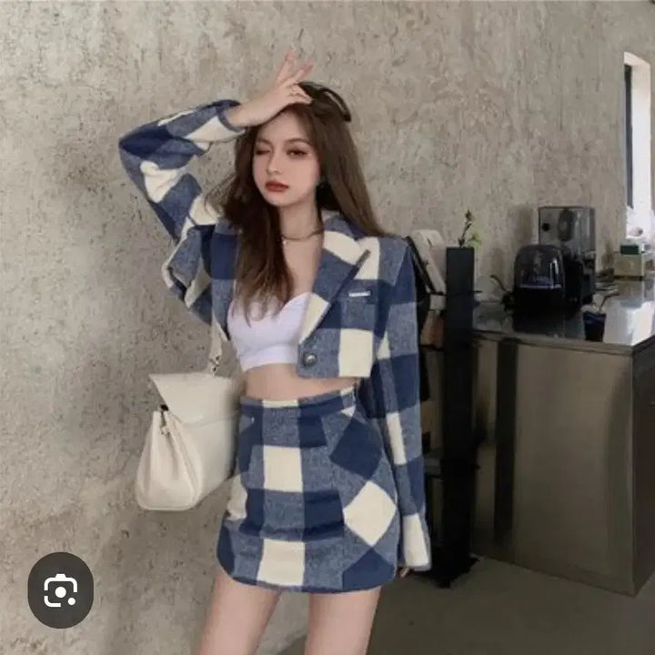 [BUNJANG] Checkered Two-Piece Set / 체크 자켓 스커트 투피스 세트