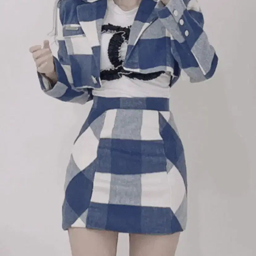 [BUNJANG] Checkered Two-Piece Set / 체크 자켓 스커트 투피스 세트