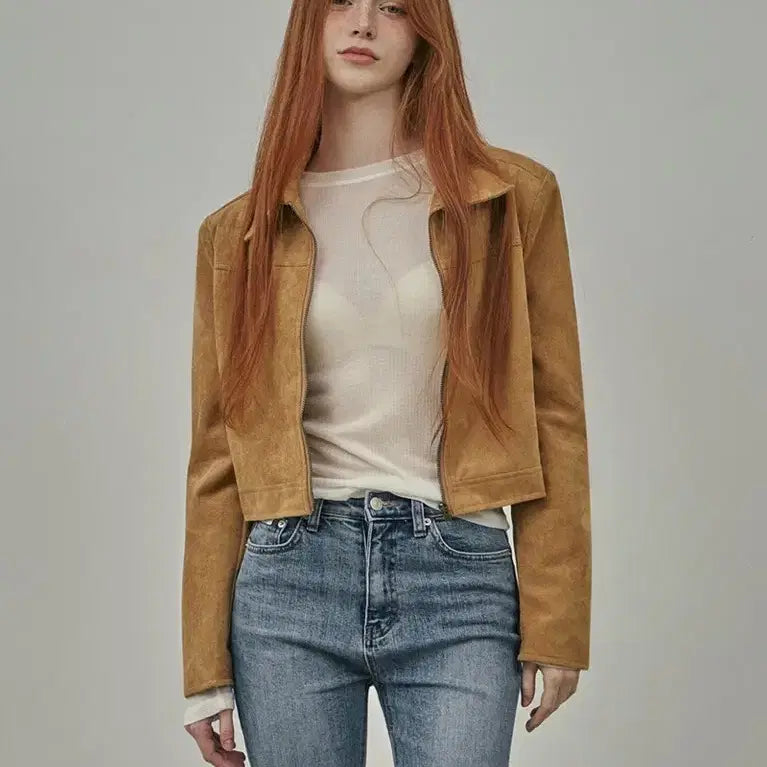 [BUNJANG] Twit Kidman Suede Crop Jacket / 트위 키드먼 스웨이드 카라 크롭자켓