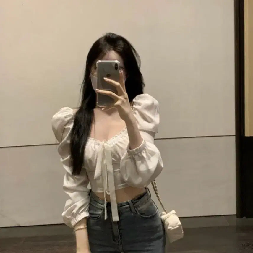 [BUNJANG] White Puff Sleeve Shirred Blouse / 화이트 퍼프 셔링 블라우스