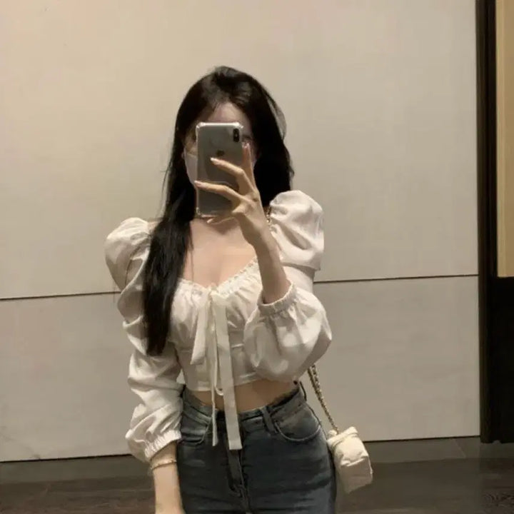 [BUNJANG] White Puff Sleeve Shirred Blouse / 화이트 퍼프 셔링 블라우스