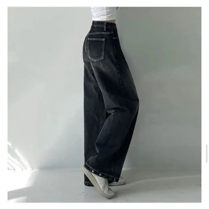 [BUNJANG] Wide Hem Snap Button Black Denim / 캣워싱 와이드 밑단 스냅버튼 흑청 데님