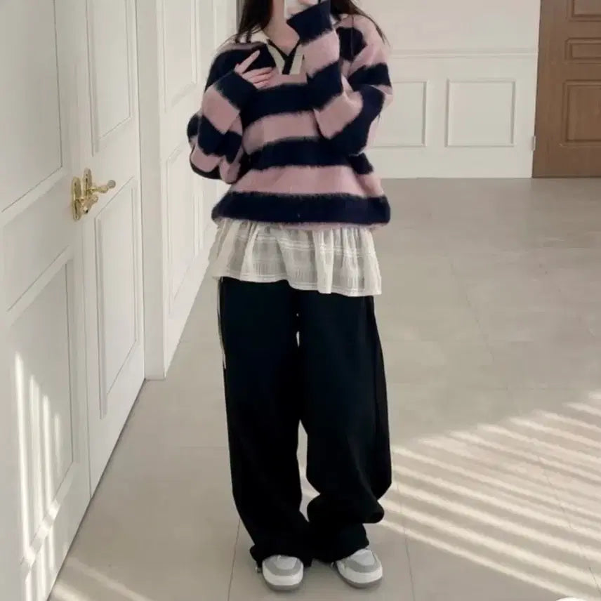 [BUNJANG] Stripe Collar Oversized Knit / 스트라이프 단가라 카라 오버핏 니트