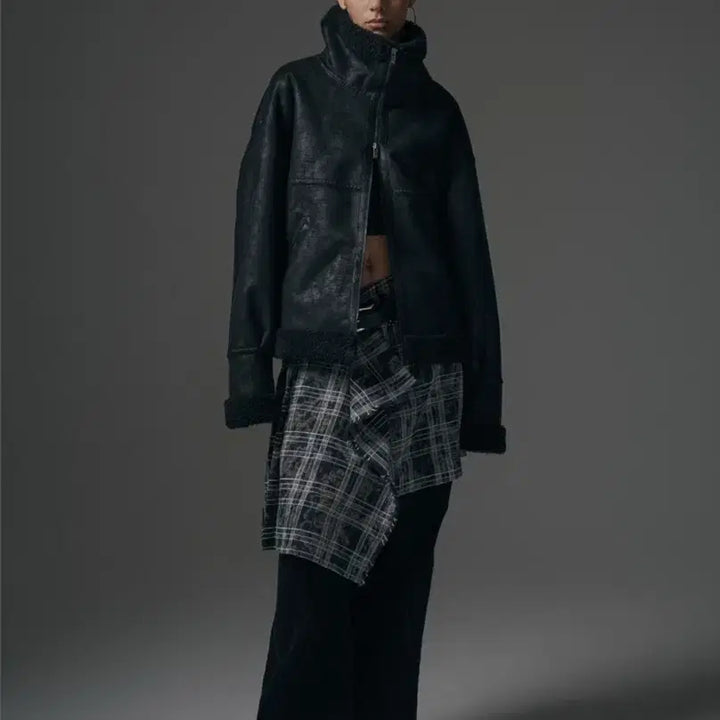 [BUNJANG] Triming Bird High Neck Zip-up Mouton Black / 트리밍버드 하이넥 집업 무스탕 블랙