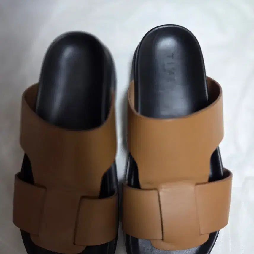 [BUNJANG] Time Homme Brown/Black Leather Slippers Size 270 / 타임옴므  정품 브라운+블랙 가죽 슬리퍼 270사이즈