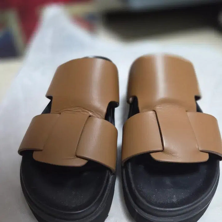 [BUNJANG] Time Homme Leather Slippers (Brown/Black) - Size 270 / 타임옴므  정품 브라운+블랙 가죽 슬리퍼 270사이즈