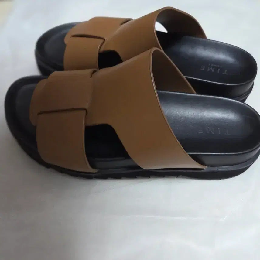 [BUNJANG] Time Homme Leather Slippers (Brown/Black) - Size 270 / 타임옴므  정품 브라운+블랙 가죽 슬리퍼 270사이즈