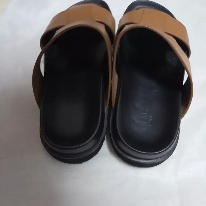 [BUNJANG] Time Homme Leather Slippers (Brown/Black) - Size 270 / 타임옴므  정품 브라운+블랙 가죽 슬리퍼 270사이즈