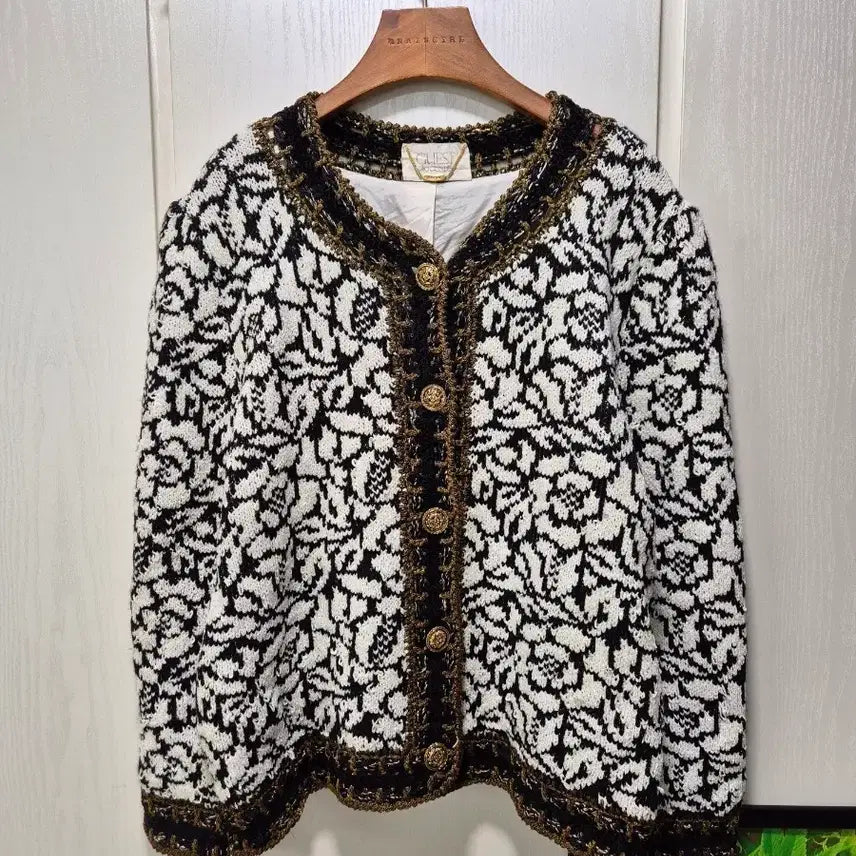 [BUNJANG] Vintage Pattern Knit Cardigan Jacket / (세일)빈티지 블랙/화이트 패턴 니트 가디건 자켓