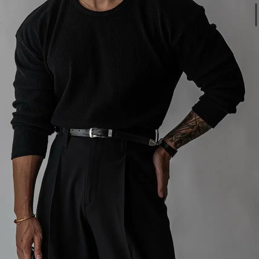 [BUNJANG] Black Waffle Long Sleeve T-shirt / 블랙 와플 긴팔 티셔츠 FREE