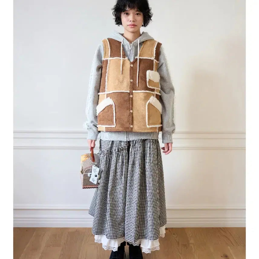 [BUNJANG] Jollyraid Patchwork Sheepskin Vest / 졸리레이드 Suki patchwork sheepskin vest
