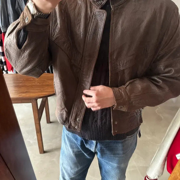 [BUNJANG] 90s Vintage Brown Leather Blouson Jacket / 90s 빈티지 브라운 레더 블루종 자켓