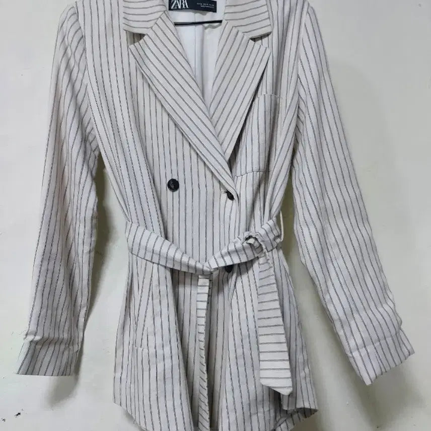 [BUNJANG] Zara Striped Linen Belt Blazer / 자라 스트라이프 면 린넨 벨트 블레이저
