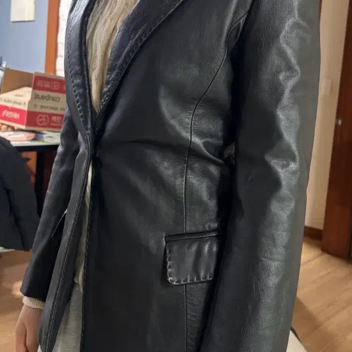 [BUNJANG] Soleil Black Leather Jacket (Women's Size 55) / Soleil 블랙 가죽 여성 자켓 55