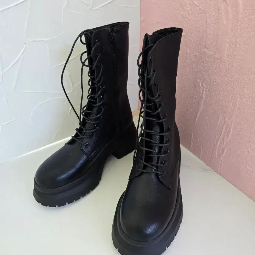 [BUNJANG] Black Lace-up Platform Boots / 363.(245mm)블랙 레이스업 통굽 가보시 플랫폼 부츠