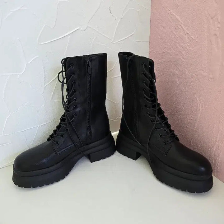 [BUNJANG] Black Lace-up Platform Boots / 363.(245mm)블랙 레이스업 통굽 가보시 플랫폼 부츠