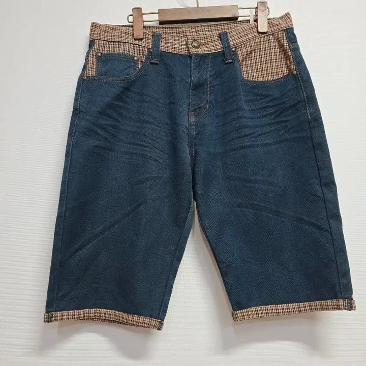 [BUNJANG] EVISU Checkered Denim Shorts / 에비수 체크 배색 데님 반바지