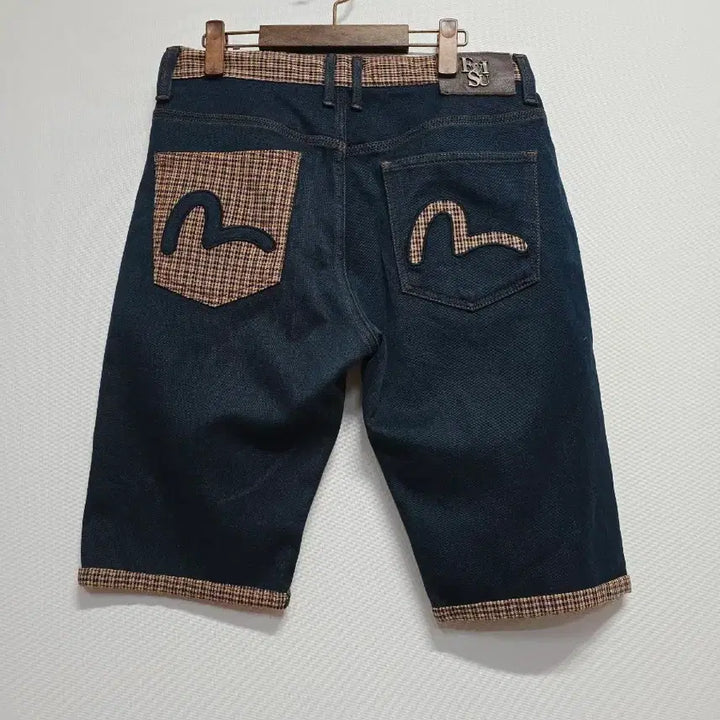 [BUNJANG] EVISU Checkered Denim Shorts / 에비수 체크 배색 데님 반바지