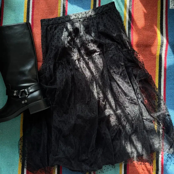 [BUNJANG] Vintage Black Dot Pattern Chiffon Layered Skirt / 빈티지 블랙 도트 패턴 샤 쉬폰 레이어드 스커트 치마