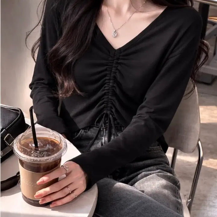 [BUNJANG] Ablly Black Shirring Long Sleeve T-shirt / 에이블리 블략 셔링 긴팔티